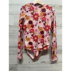 Billabong A Dream Away Bodysuit Girls 8 Pink Floral Long Sleeve Rash Guard NWT